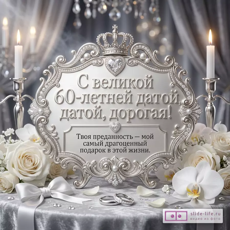 Серебристая декоративная табличка, белые розы, орхидеи, свечи, кольца, серо-белый фон, текст «С великой 60-летней датой, датой, дорогая! Твоя преданность — мой самый драгоценный подарок в этой жизни.»