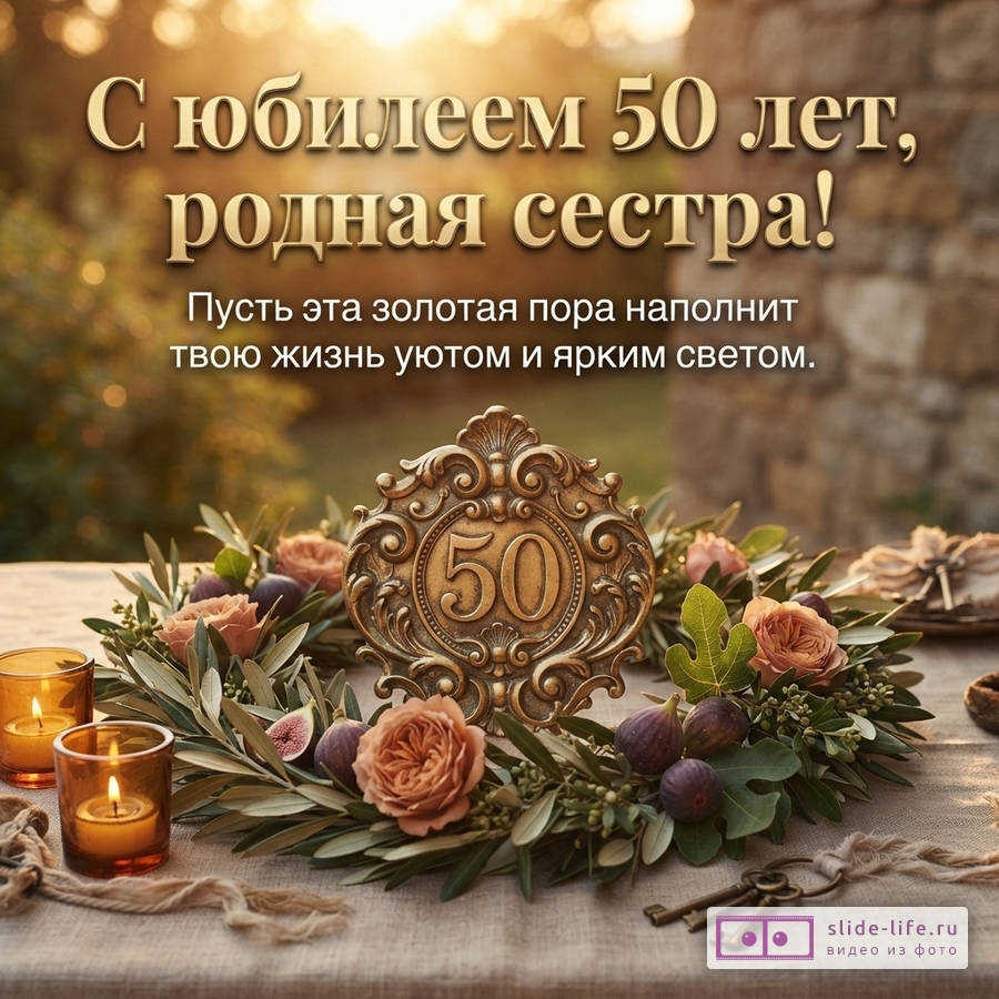 Открытка с золотым текстом на фоне заката. На переднем плане венок из оливковых ветвей, роз, инжира и декоративной таблички с цифрой «50». Рядом две горящие свечи и старинные ключи. Текст: «С юбилеем 50 лет, родная сестра! Пусть эта золотая пора наполнит твою жизнь уютом и ярким светом.»