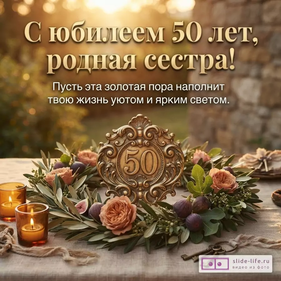Открытка с золотым текстом на фоне заката. На переднем плане венок из оливковых ветвей, роз, инжира и декоративной таблички с цифрой «50». Рядом две горящие свечи и старинные ключи. Текст: «С юбилеем 50 лет, родная сестра! Пусть эта золотая пора наполнит твою жизнь уютом и ярким светом.»