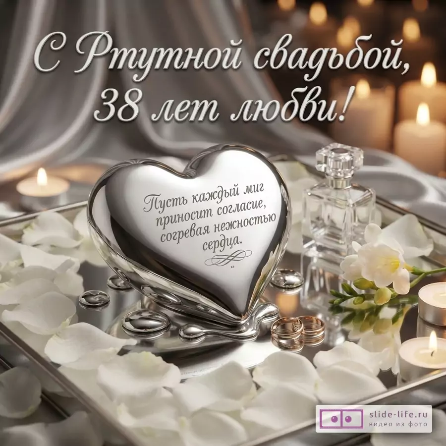 Серебристый фон, свечи, белые лепестки. Надпись «С Ртутной свадьбой, 38 лет любви!» и «Пусть каждый миг приносит согласие, согревая нежностью сердца.» на серебряном сердце.