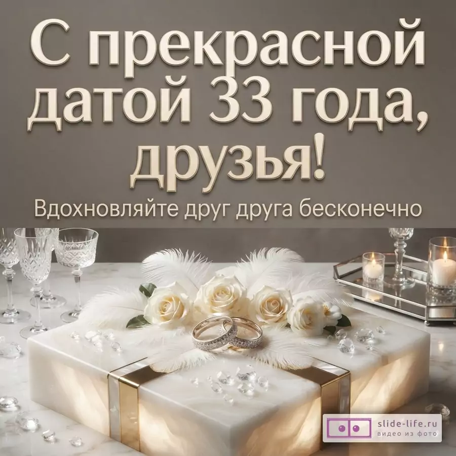 Коричневый фон, на переднем плане белая коробка с золотой лентой, белые перья, розы, два обручальных кольца, кристаллы, бокалы, свечи. Текст: «С прекрасной датой 33 года, друзья! Вдохновляйте друг друга бесконечно»