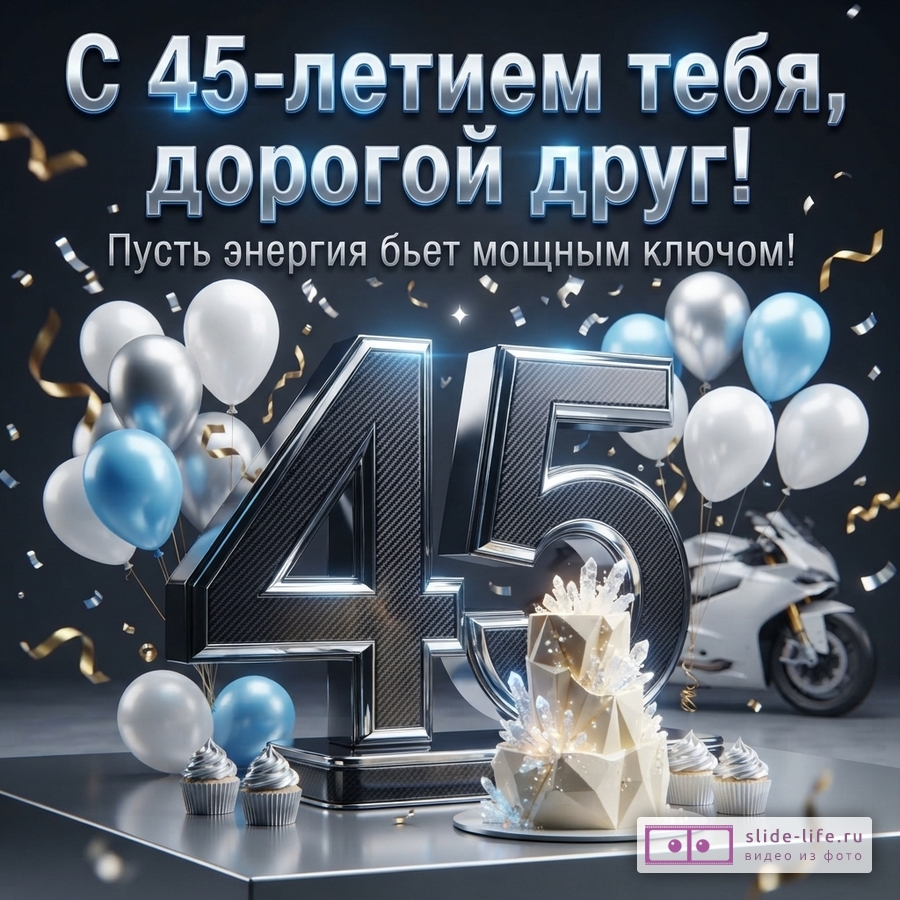 Темно-серый фон, объемные буквы «С 45-летием тебя, дорогой друг! Пусть энергия бьет мощным ключом!», цифры «45» с текстурой карбона, белые, голубые и серебристые воздушные шары, золотистое конфетти, белый торт с кристаллами, кексы, белый мотоцикл.