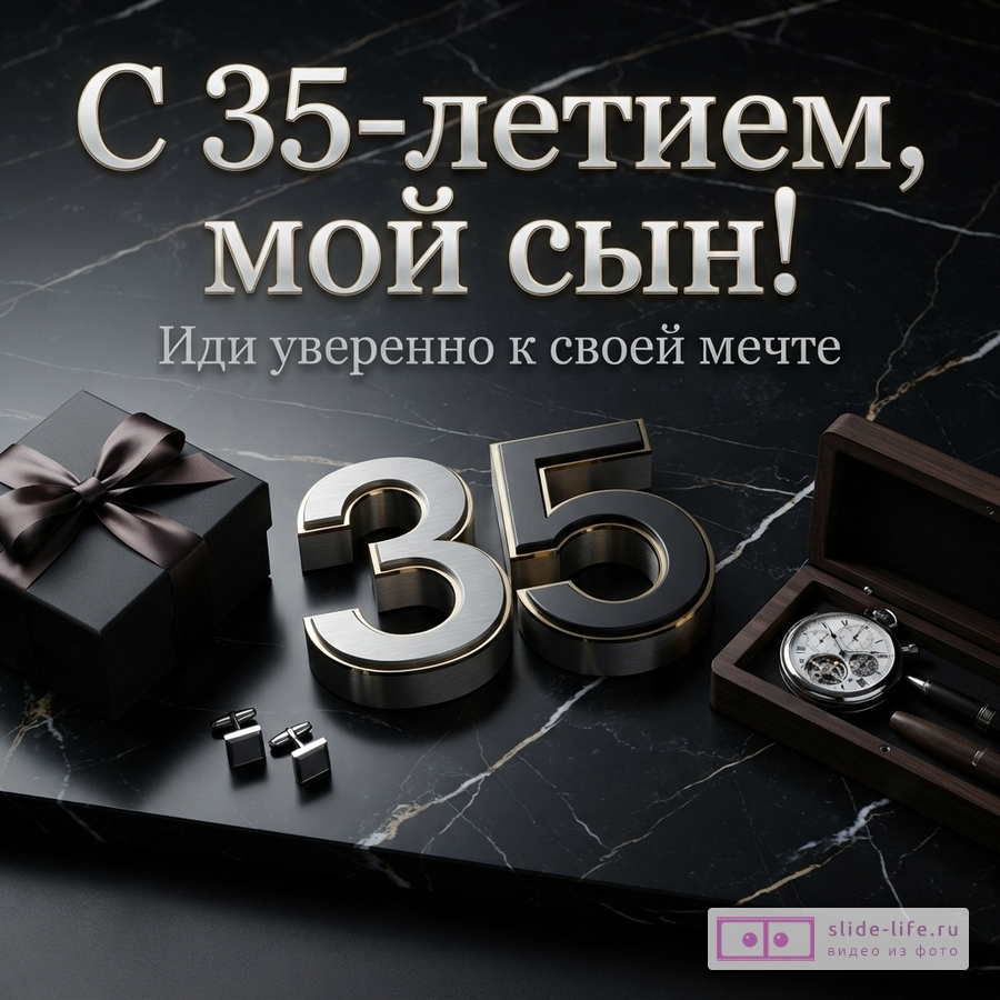 Объемная цифра 35, подарочная коробка, часы и запонки на черном мраморе с надписью «С 35-летием, мой сын! Иди уверенно к своей мечте».