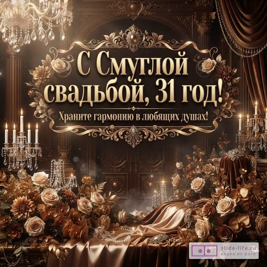 Темный роскошный фон, золотая декоративная рамка, цветы, свечи и текст «С Смуглой свадьбой, 31 год! Храните гармонию в любящих душах!»
