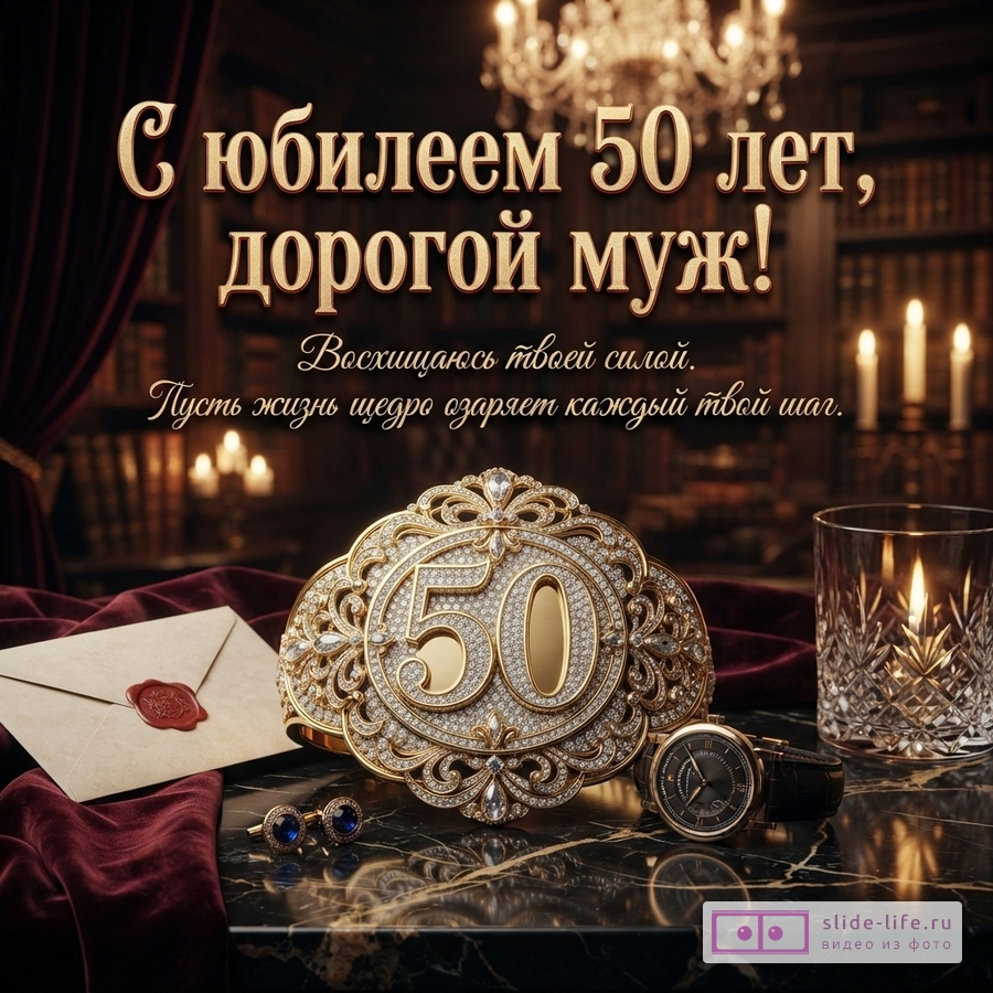 Открытка с юбилеем 50 лет для мужа. На открытке текст «С юбилеем 50 лет, дорогой муж! Восхищаюсь твоей силой. Пусть жизнь щедро озаряет каждый твой шаг.».