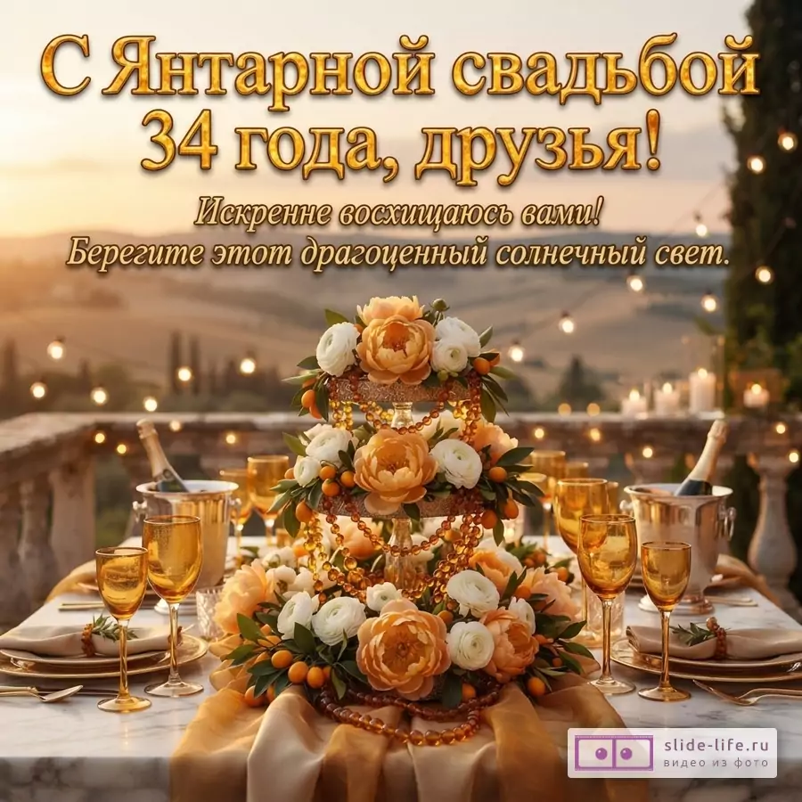 Открытка с янтарной свадьбой, фон с закатом и сервированным столом, на столе цветы и янтарные бусы. Текст: «С Янтарной свадьбой 34 года, друзья! Искренне восхищаюсь вами! Берегите этот драгоценный солнечный свет.»