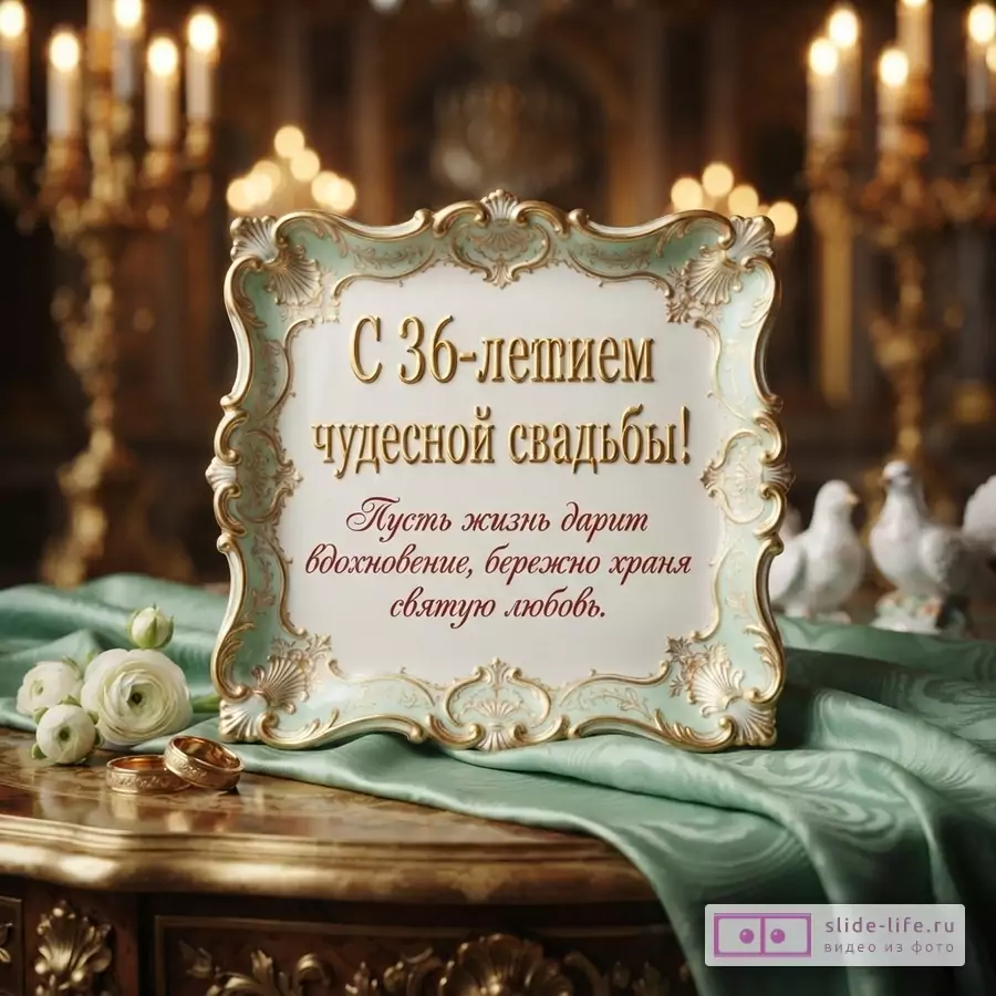 Рамка с золотым узором на белом фоне, текст «С 36-летием чудесной свадьбы! Пусть жизнь дарит вдохновение, бережно храня святую любовь.», золотые кольца, белые цветы, зеленая ткань, свечи на заднем плане.