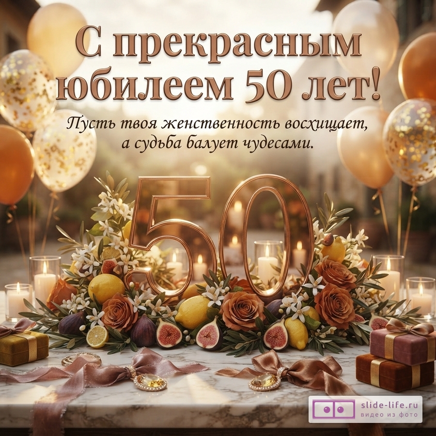 Открытка с фоном из золотистых шаров, свечей, цветов, фруктов и подарков. В центре крупные золотые цифры «50». Текст: «С прекрасным юбилеем 50 лет! Пусть твоя женственность восхищает, а судьба балует чудесами.»