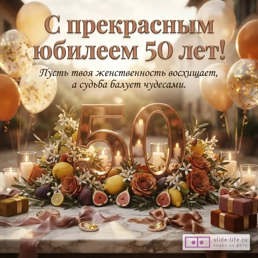 Открытка с фоном из золотистых шаров, свечей, цветов, фруктов и подарков. В центре крупные золотые цифры «50». Текст: «С прекрасным юбилеем 50 лет! Пусть твоя женственность восхищает, а судьба балует чудесами.»