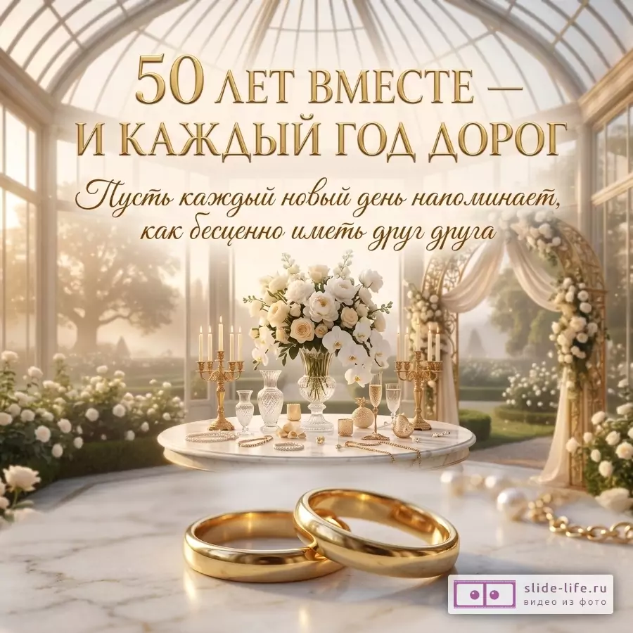 Золотисто-белая открытка с букетом, столом и кольцами на фоне светлого зала; текст «50 лет вместе — и каждый год дорог», «Пусть каждый новый день напоминает, как бесценно иметь друг друга»