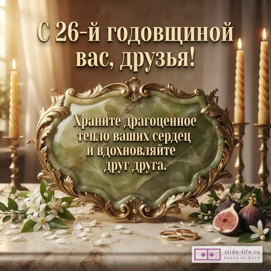 Золотистая праздничная открытка с зелёной мраморной табличкой в резной рамке, свечами, цветами и текстом «С 26-й годовщиной вас, друзья!»