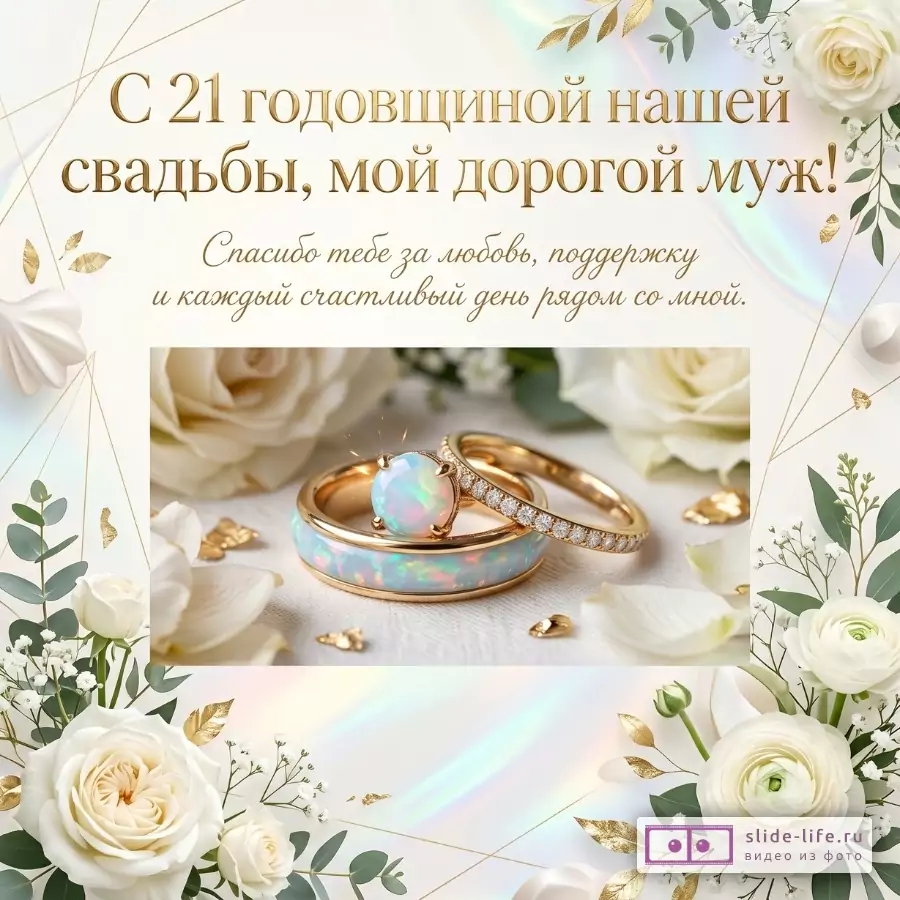 Светлый перламутровый фон с белыми розами, зелеными ветвями и золотыми листьями, кольца с опалом. Текст: «С 21 годовщиной нашей свадьбы, мой дорогой муж! Спасибо тебе за любовь...»