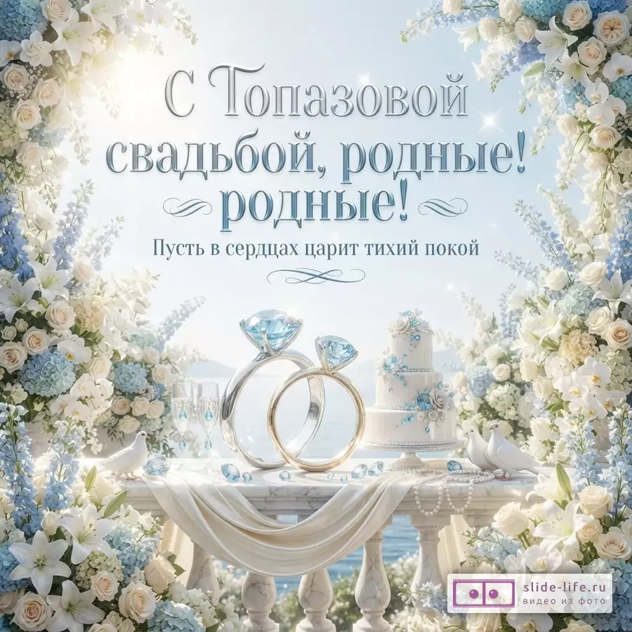 Фон голубого неба и моря, по бокам белые и голубые цветы, на переднем плане мраморный стол с двумя кольцами с голубыми камнями, свадебным тортом, бокалами, жемчугом и двумя белыми голубями. Текст: «С Топазовой свадьбой, родные! Пусть в сердцах царит тихий покой.»