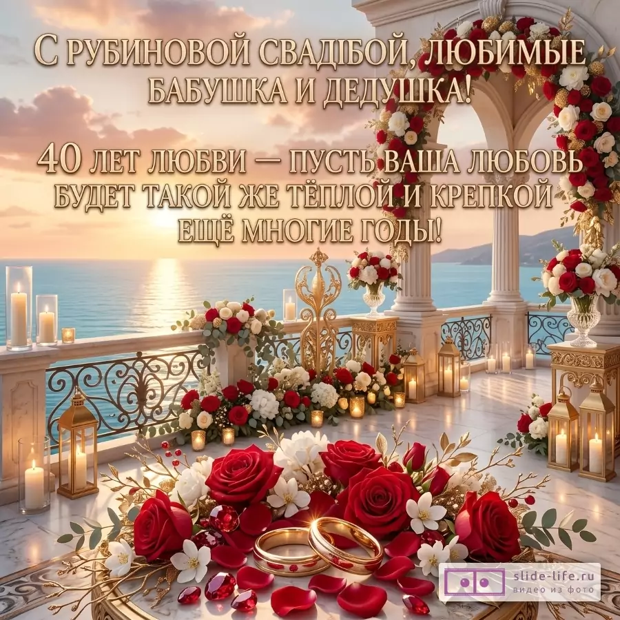 «С рубиновой свадьбой, любимые бабушка и дедушка!». Закатное море, белая терраса, арка с красно-белыми розами, свечи, золотые кольца.