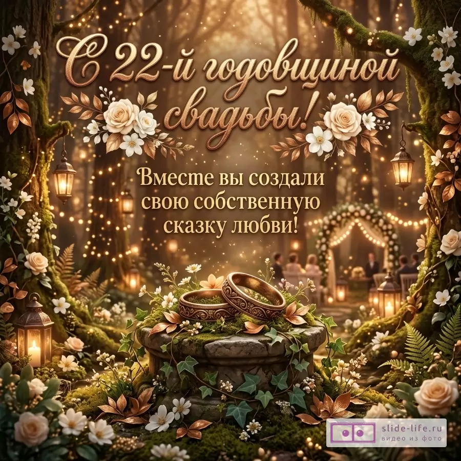 Теплый коричнево-золотой фон с лесом, гирляндами и свечами, в центре обручальные кольца и цветы. Текст: «С 22-й годовщиной свадьбы!» «Вместе вы создали свою собственную сказку любви!»