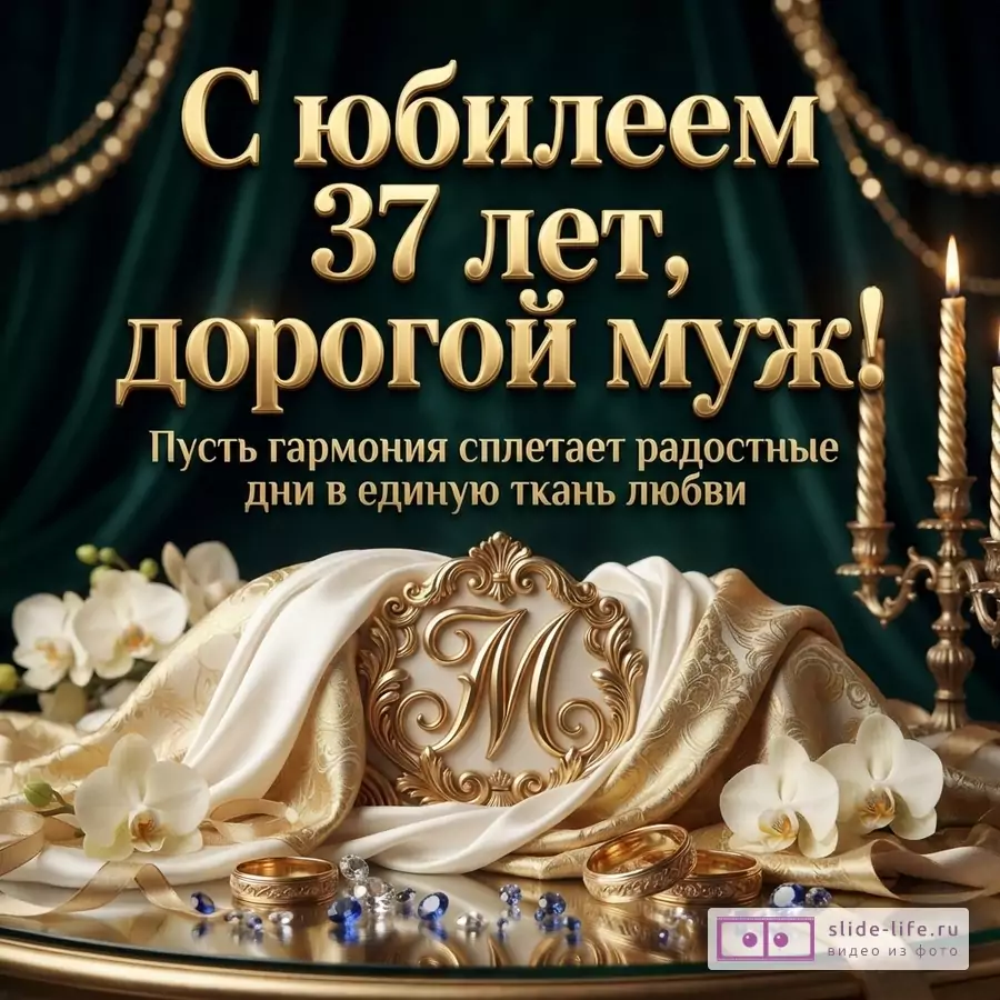 Открытка с золотыми буквами на темно-зеленом фоне, свечи, орхидеи, кольца, монограмма «М». Текст: «С юбилеем 37 лет, дорогой муж! Пусть гармония сплетает радостные дни в единую ткань любви»