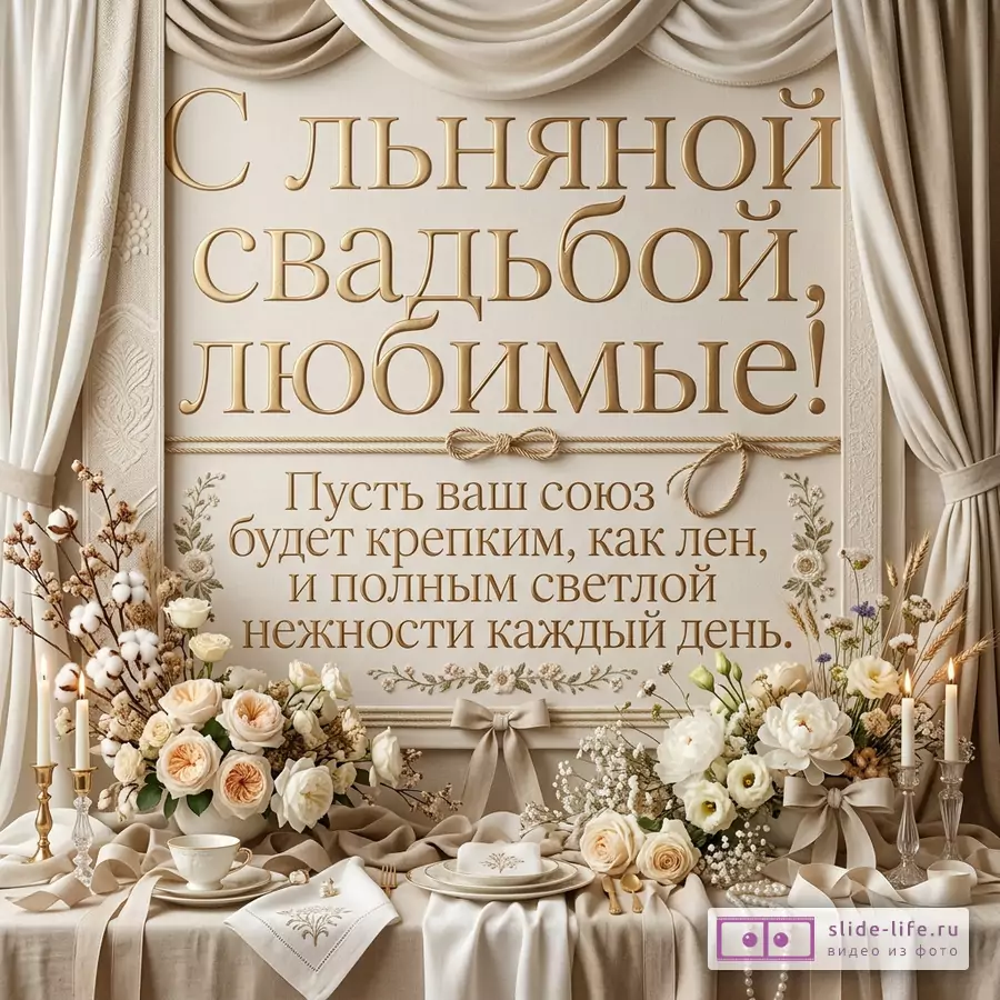 Бежевые драпировки, кремовые цветы, свечи и сервированный стол; надпись «С льняной свадьбой, любимые! Пусть ваш союз будет крепким, как лен, и полным светлой нежности каждый день.»