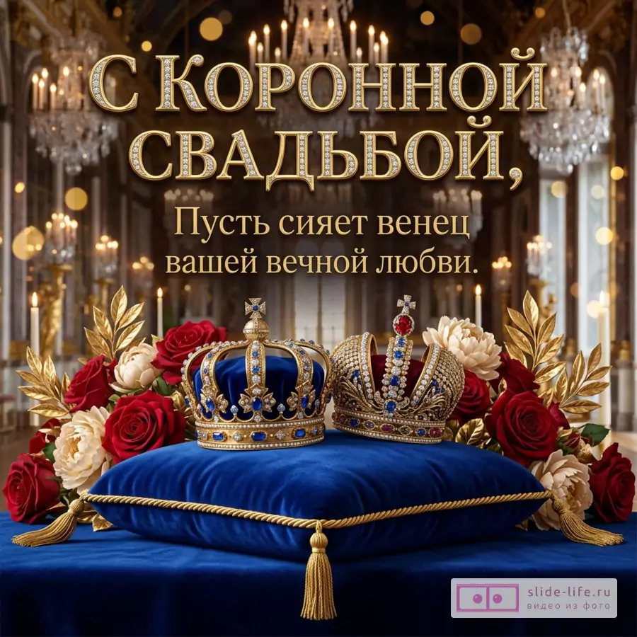 Две золотые короны с самоцветами на синей бархатной подушке среди красных роз в дворцовом зале. Надпись: «С КОРОННОЙ СВАДЬБОЙ, Пусть сияет венец вашей вечной любви.»