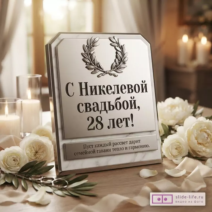 Мраморная табличка с серебряным венком на деревянном столе, вокруг белые цветы и свечи. Текст: «С Никелевой свадьбой, 28 лет! Пусть каждый рассвет дарит семейной гавани тепло и гармонию.»