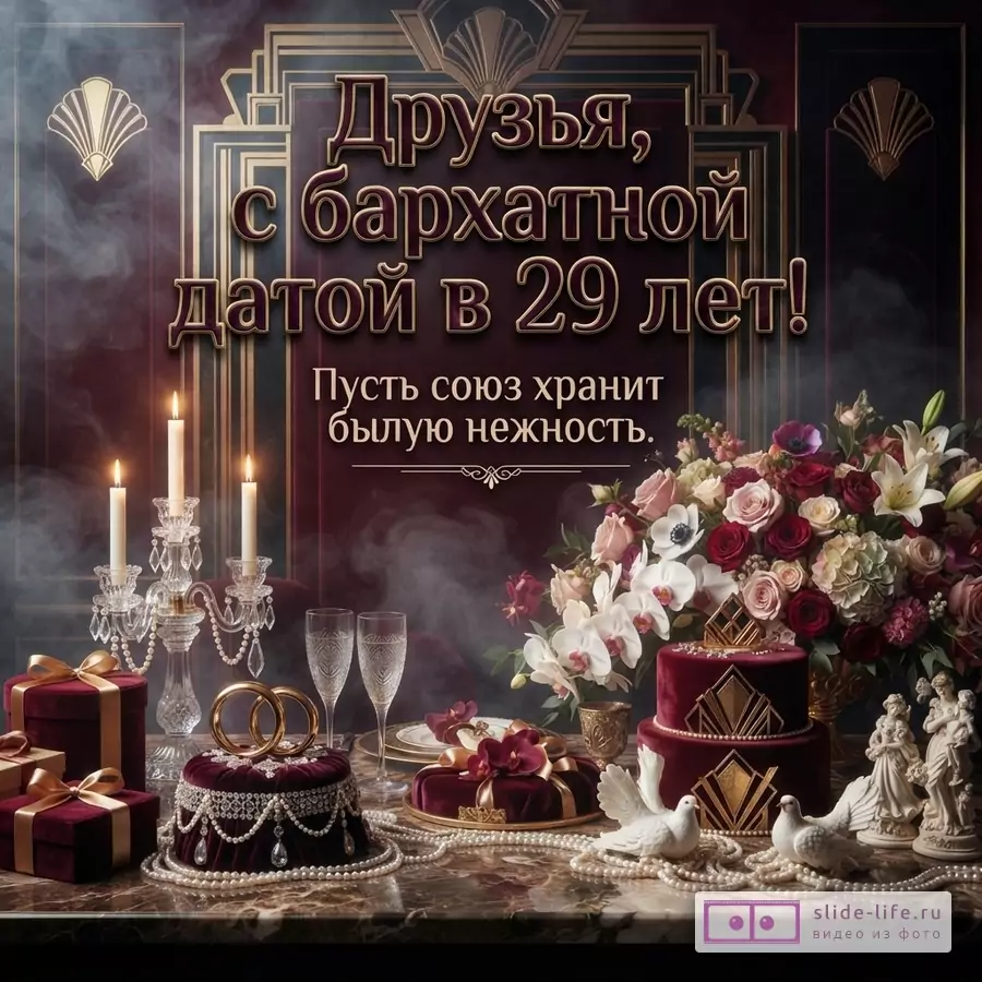 Открытка с бордовым фоном, золотыми рамками и узорами. На переднем плане стол с праздничным декором: свечи, бокалы, подарки, цветы, торты, статуэтки. Текст: «Друзья, с бархатной датой в 29 лет! Пусть союз хранит былую нежность.»