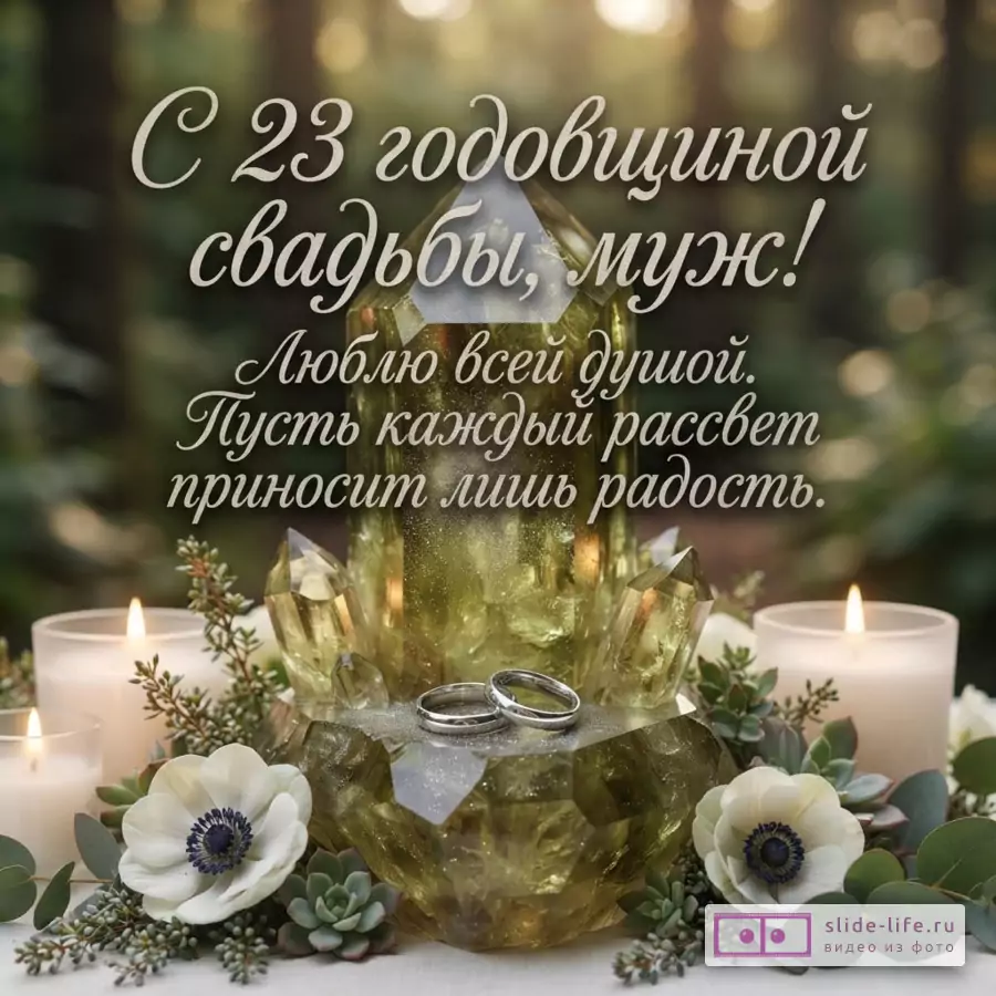 Кристалл берилла, обручальные кольца, свечи и белые цветы на деревянном столе с текстом «С 23 годовщиной свадьбы, муж! Люблю всей душой. Пусть каждый рассвет приносит лишь радость».