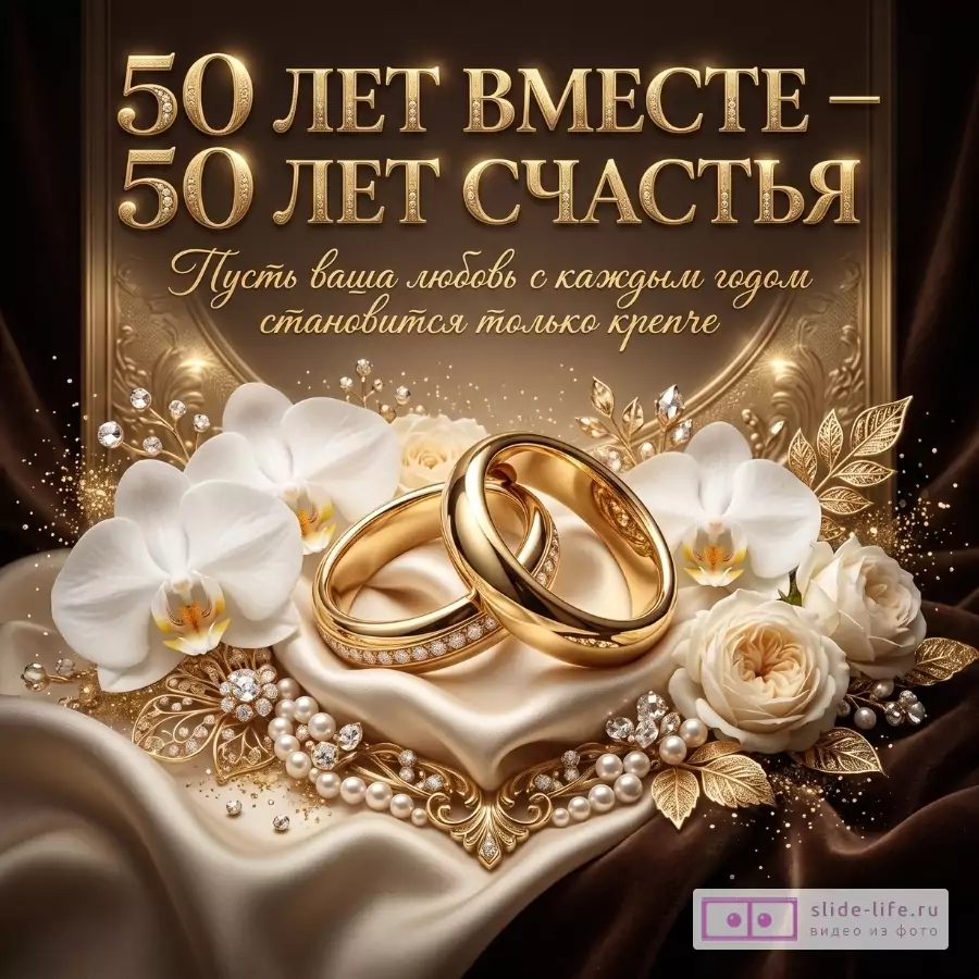 Темно-коричневый и черный фон с золотым свечением, кольца, белые орхидеи и кремовые розы. Текст: «50 ЛЕТ ВМЕСТЕ — 50 ЛЕТ СЧАСТЬЯ». «Пусть ваша любовь с каждым годом становится только крепче»