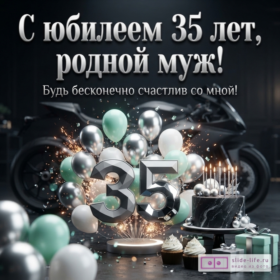 Черный мотоцикл, серебристые воздушные шары, торт со свечами, подарки и надпись «С юбилеем 35 лет, родной муж! Будь бесконечно счастлив со мной!»