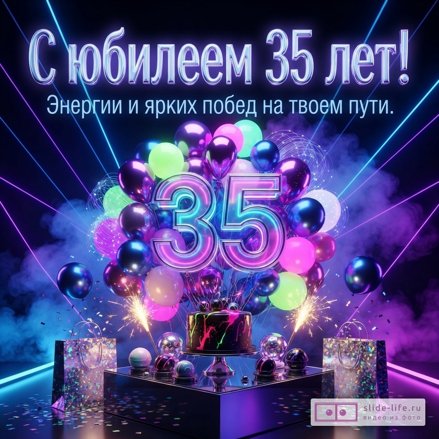 Большая неоновая цифра 35 в окружении шаров и торта с бенгальскими огнями на темном фоне с лазерными лучами и надписью «С юбилеем 35 лет! Энергии и ярких побед на твоем пути.»
