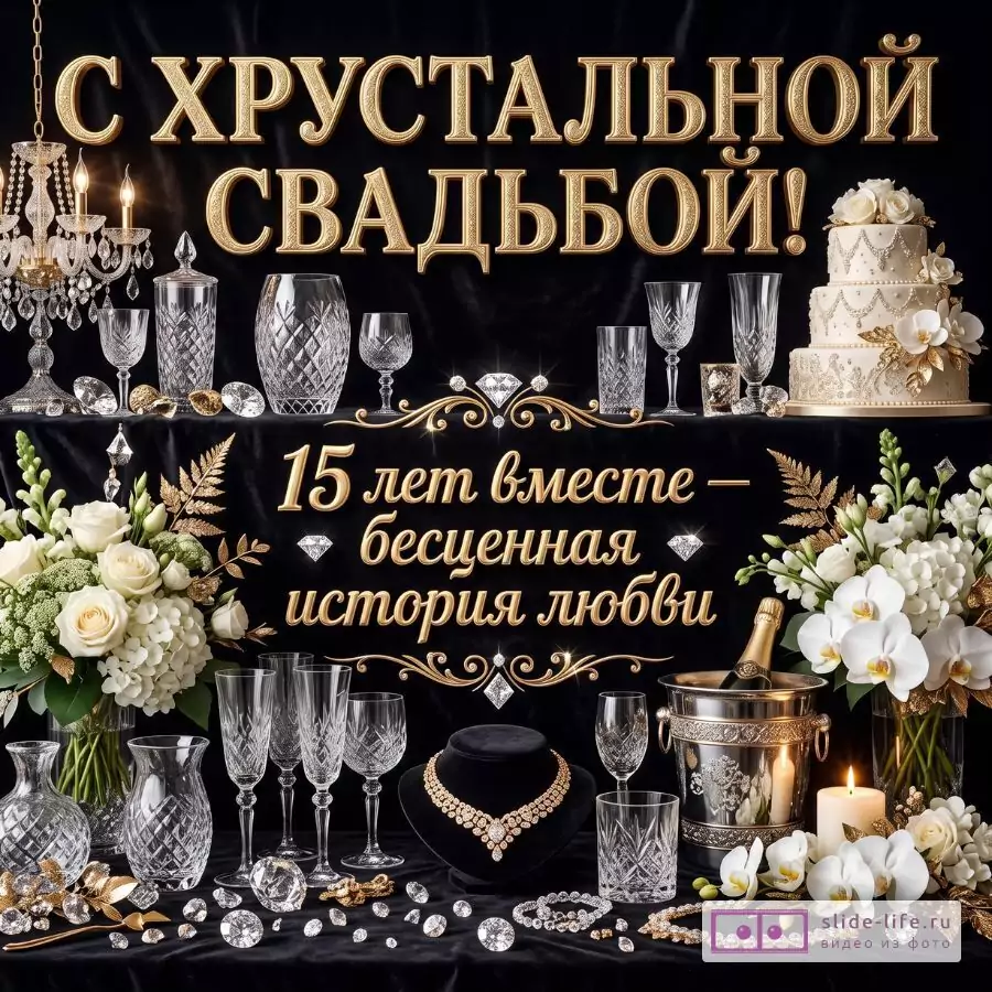 Красивая картинка с хрустальной свадьбой 15 лет — поздравление супругам