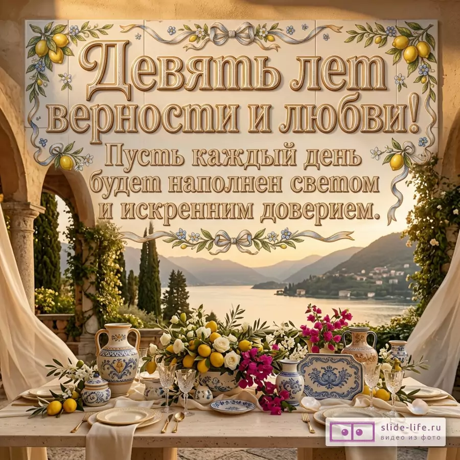 Открытка на 9 лет свадьбы с пожеланием верности и доверия
