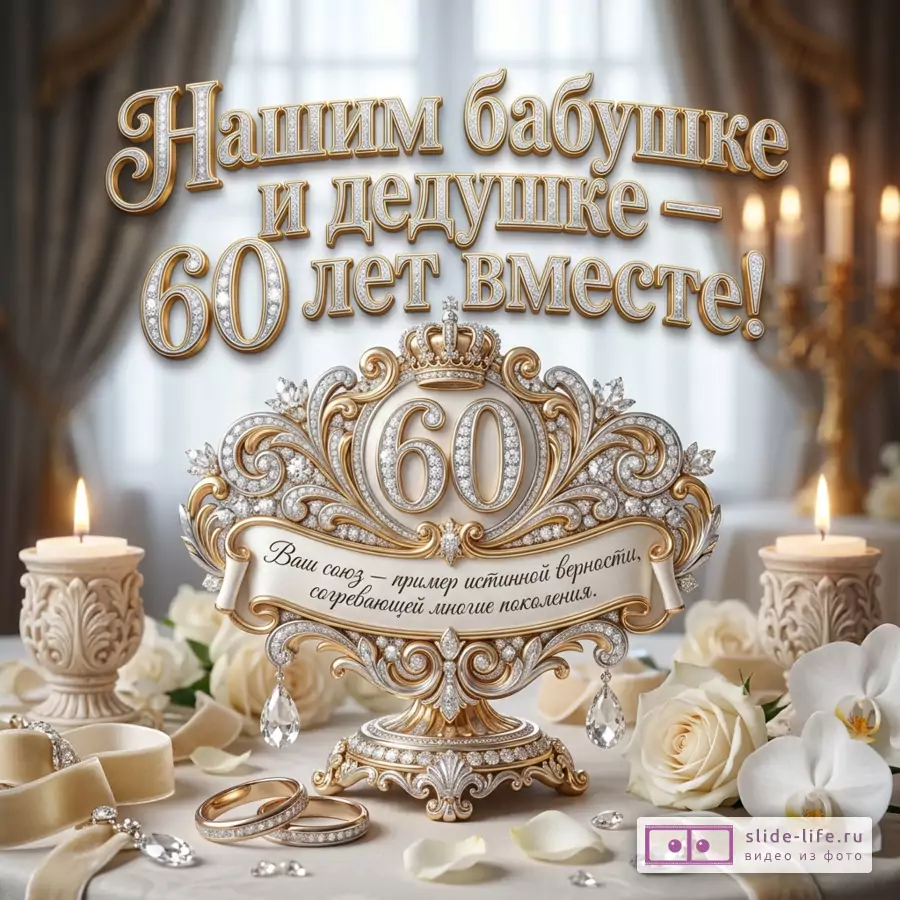 Открытка с золотой надписью «Нашим бабушке и дедушке — 60 лет вместе! Ваш союз — пример истинной верности, согревающей многие поколения.», число 60, свечи, кольца, белые розы, орхидеи, светлый фон