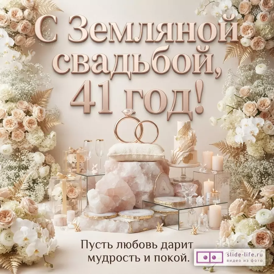 Бежевый фон, золотистые буквы, цветочные композиции по бокам, свадебный торт, кольца, свечи. Текст: «С Земляной свадьбой, 41 год! Пусть любовь дарит мудрость и покой.»