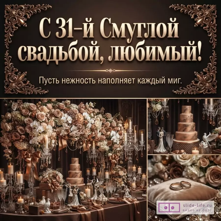 Открытка на коричневом фоне с золотыми узорами, текст «С 31-й Смуглой свадьбой, любимый! Пусть нежность наполняет каждый миг.»