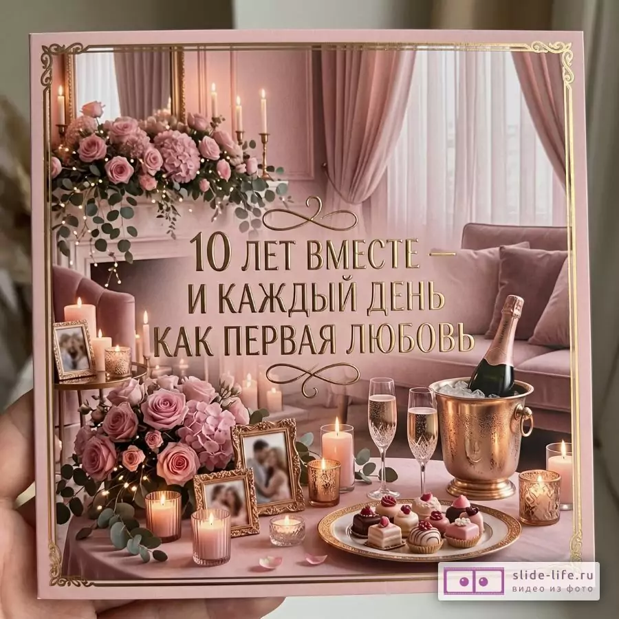 Розово-бежевый интерьер с шторами, диваном, букетами роз, свечами, шампанским в ведерке, бокалами и пирожными; текст «10 ЛЕТ ВМЕСТЕ — И КАЖДЫЙ ДЕНЬ КАК ПЕРВАЯ ЛЮБОВЬ».