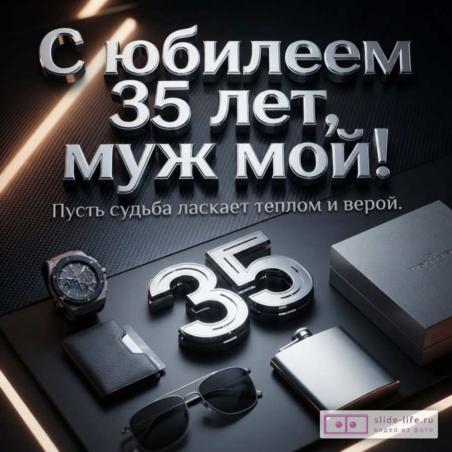 Объемная надпись «С юбилеем 35 лет, муж мой! Пусть судьба ласкает теплом и верой» на темном фоне с мужскими аксессуарами, часами и очками.