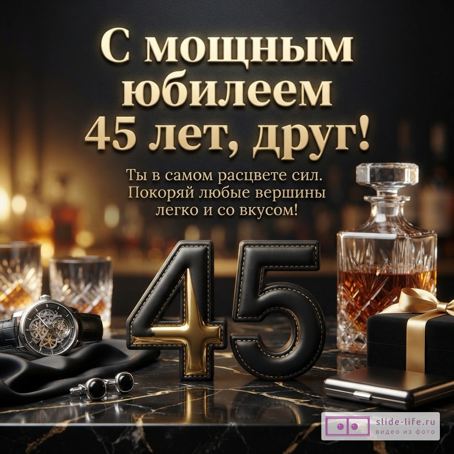Черный фон, золотые буквы. Текст «С мощным юбилеем 45 лет, друг! Ты в самом расцвете сил. Покоряй любые вершины легко и со вкусом!». На переднем плане цифры 45, часы, запонки, графин с виски, подарочная коробка.