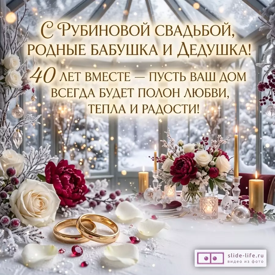 Светлая зимняя открытка с цветами, свечами и обручальными кольцами; текст «С Рубиновой свадьбой, родные бабушка и дедушка! 40 лет вместе — пусть ваш дом...»