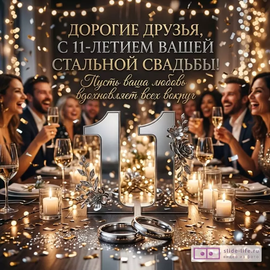 11 лет свадьбы друзьям — открытка со Стальной свадьбой и душевными словами поздравления