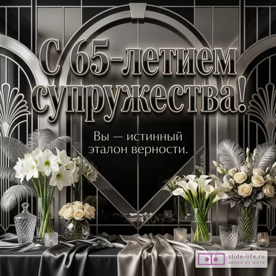 Черно-серебристый фон в стиле ар-деко, декоративные арки, белые цветы в вазах, перья, свечи, драпировка, текст «С 65-летием супружества! Вы — истинный эталон верности.»
