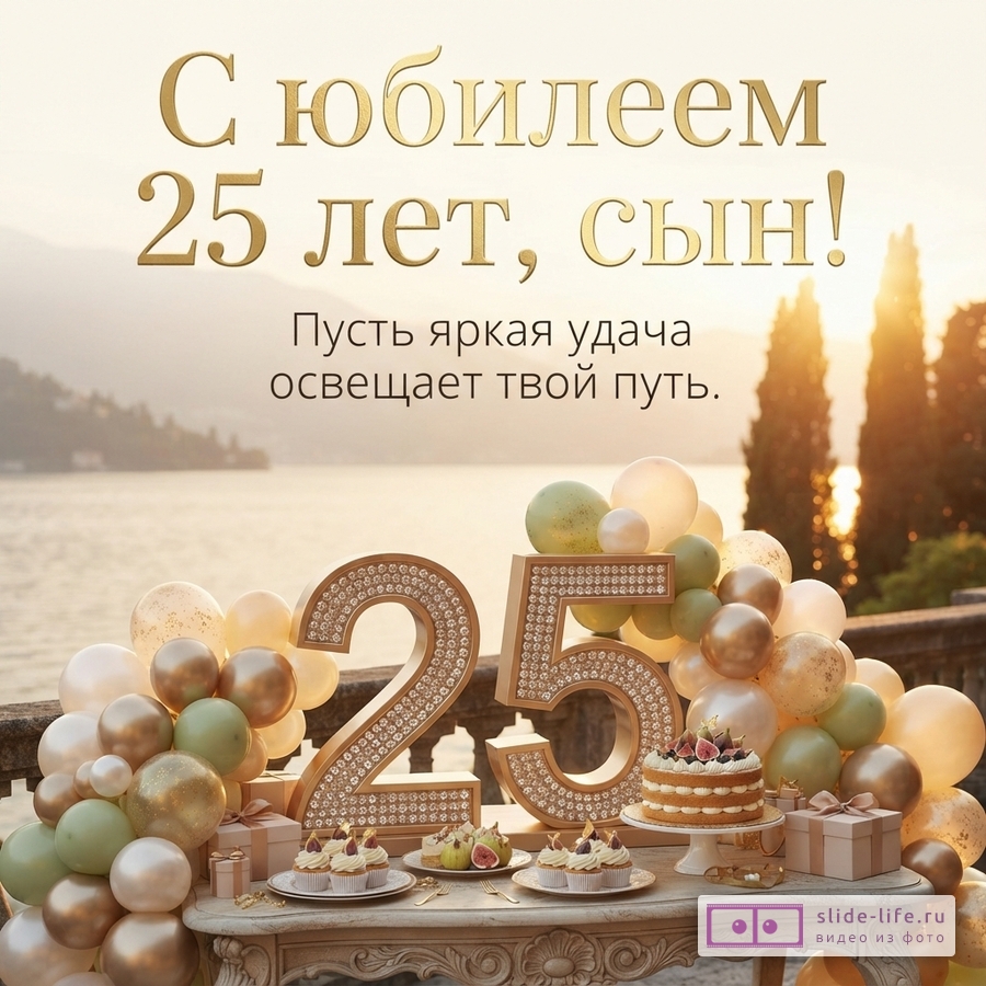 Большая объемная цифра 25, праздничный стол с тортом и капкейками, гирлянда из шаров у озера и надпись «С юбилеем 25 лет, сын! Пусть яркая удача освещает твой путь.»