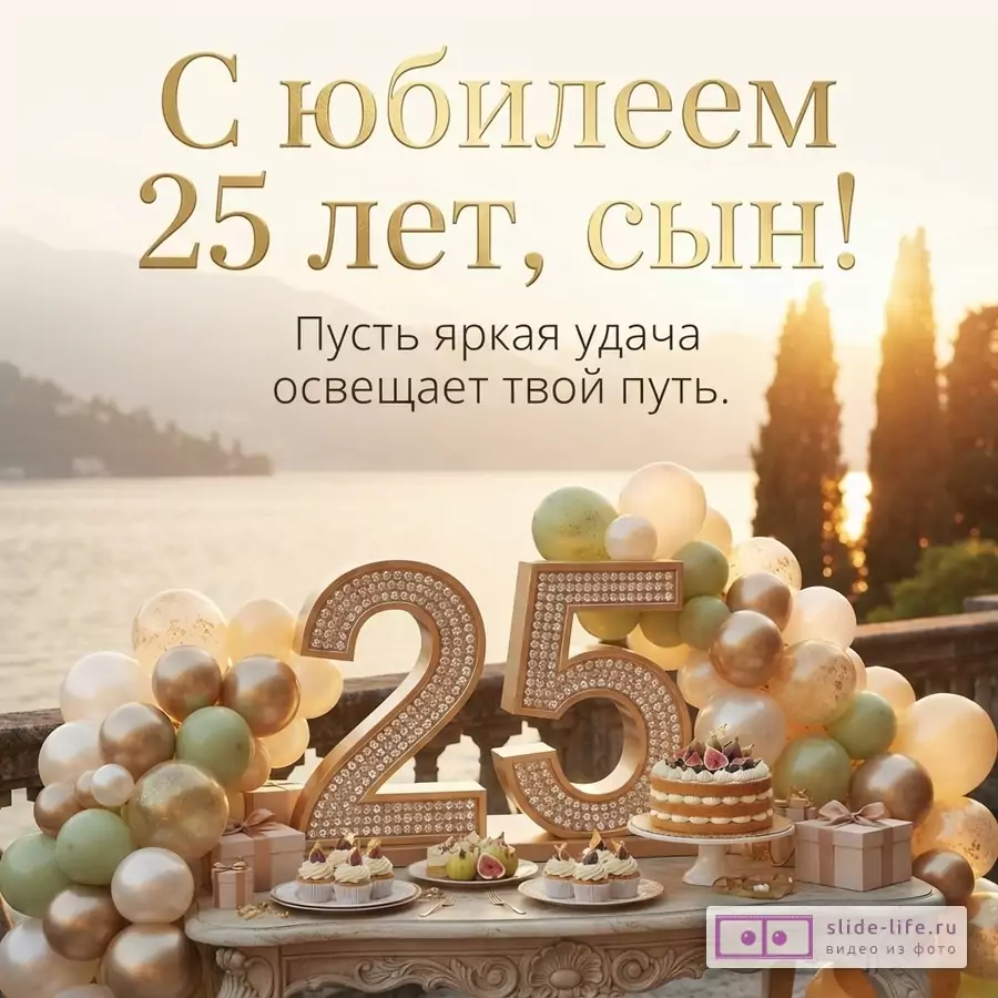 Большая объемная цифра 25, праздничный стол с тортом и капкейками, гирлянда из шаров у озера и надпись «С юбилеем 25 лет, сын! Пусть яркая удача освещает твой путь.»