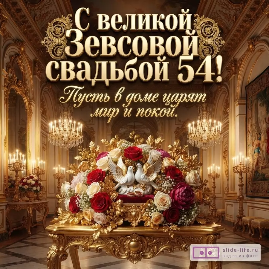 Золотой роскошный зал, в центре цветочная композиция с красными и белыми розами, белые голуби, текст «С великой Зевсовой свадьбой 54! Пусть в доме царят мир и покой.»
