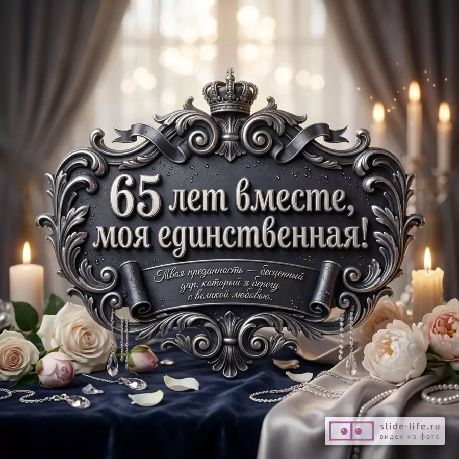 Фигурная темная табличка с серебристым орнаментом и короной, свечи, белые и розовые цветы, ткань и украшения, текст «65 лет вместе, моя единственная! Твоя преданность — бесценный дар, который я берегу с великой любовью.»