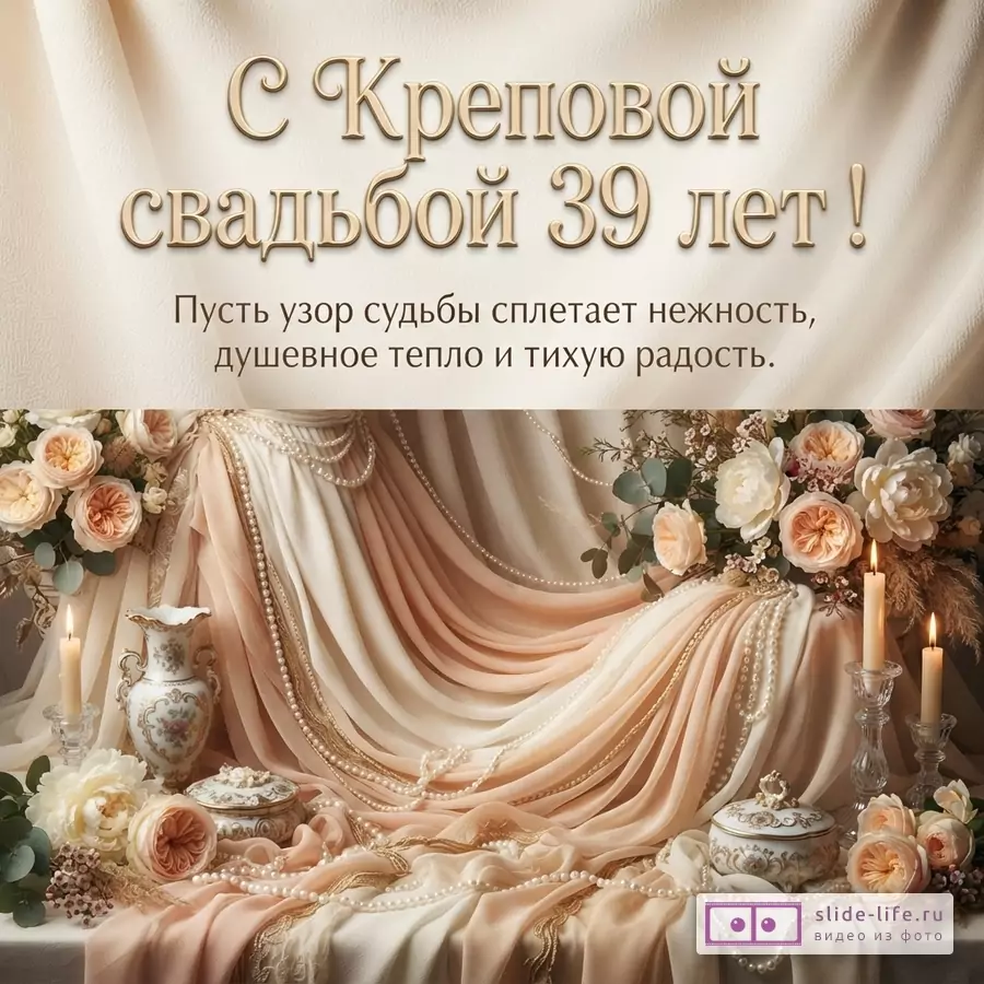 Открытка с бежевым фоном, свечами, цветами и драпировкой. Текст: «С Креповой свадьбой 39 лет! Пусть узор судьбы сплетает нежность, душевное тепло и тихую радость.»