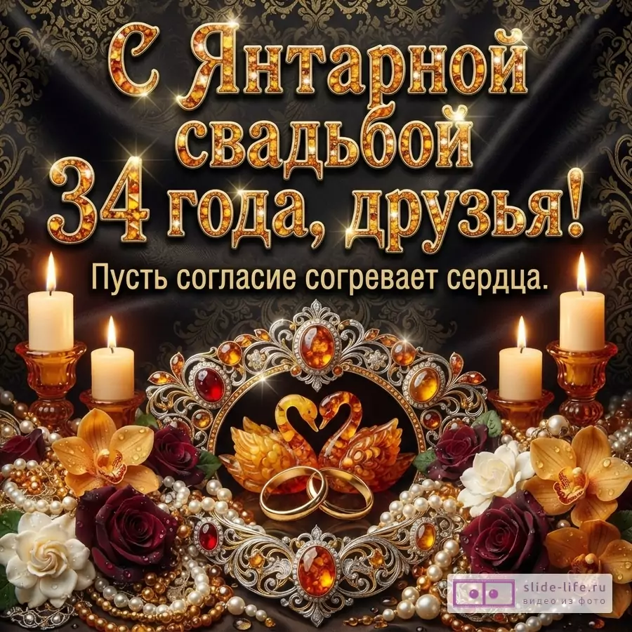 Черный фон с золотым узором, золотые буквы с блестками, текст «С Янтарной свадьбой 34 года, друзья! Пусть согласие согревает сердца.», свечи, янтарные лебеди, обручальные кольца, жемчуг, цветы.