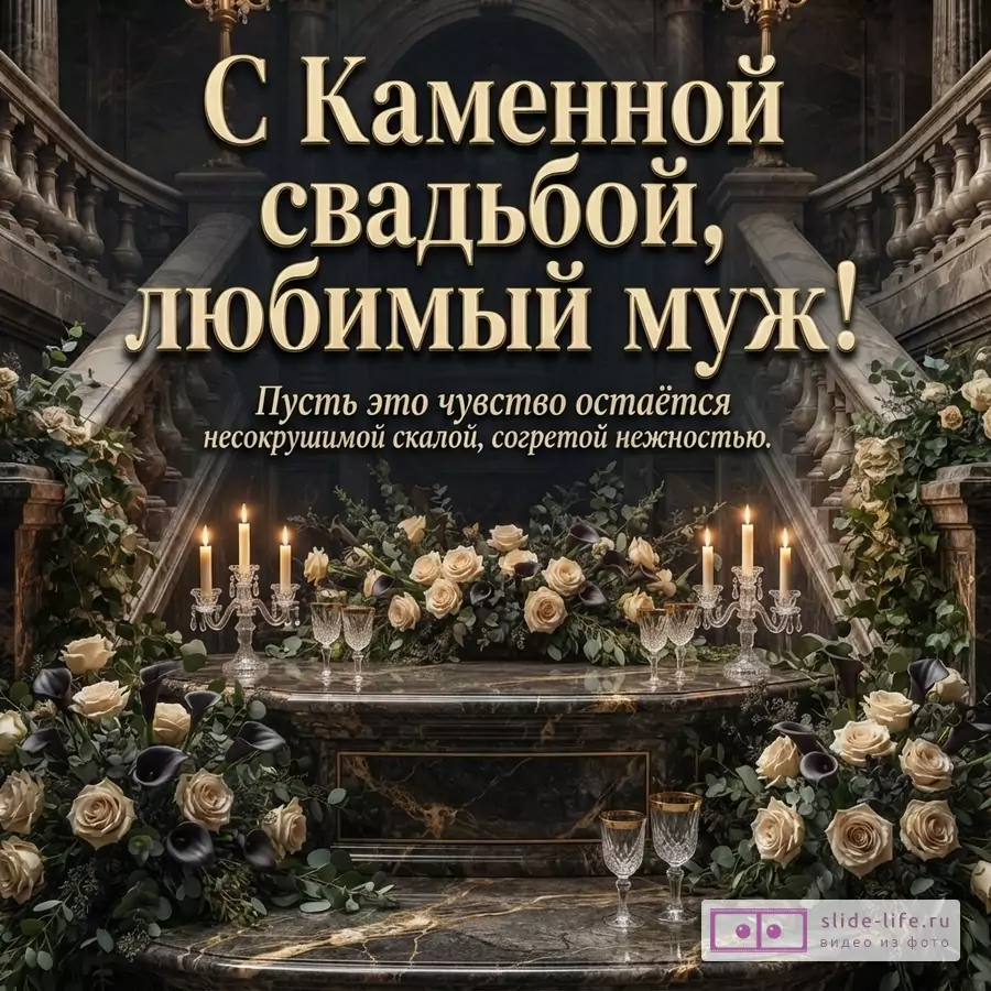 Темный фон, мраморная лестница, цветы, свечи, бокалы. Текст: «С Каменной свадьбой, любимый муж! Пусть это чувство остаётся несокрушимой скалой, согретой нежностью.»