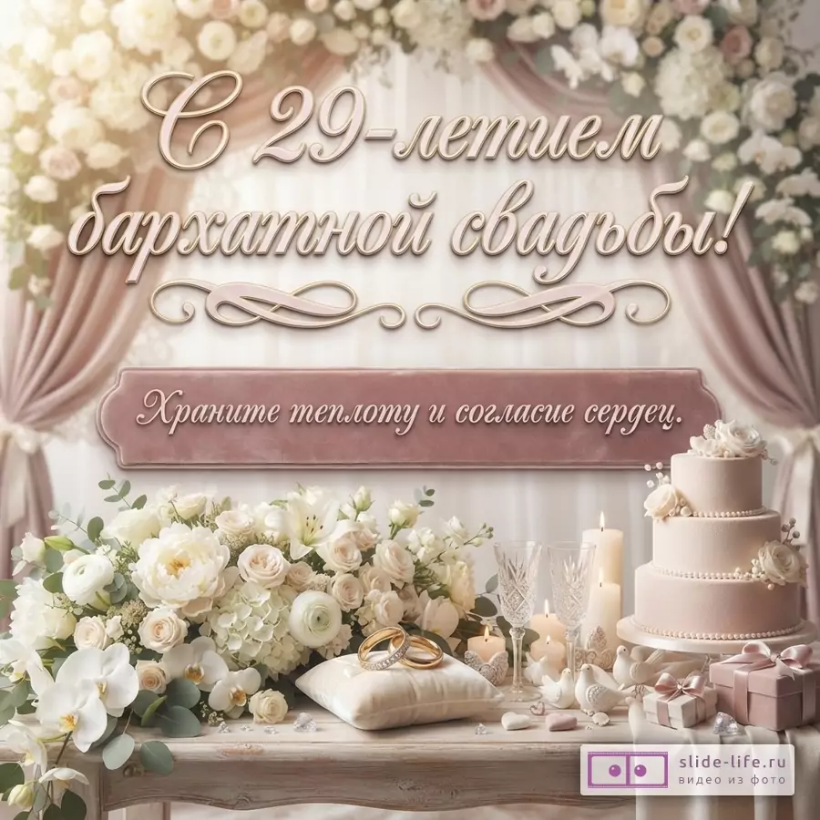 Открытка с розовыми шторами и цветами, на столе букет белых цветов, обручальные кольца на подушечке, бокалы, свечи, торт и подарки. Текст: «С 29-летием бархатной свадьбы! Храните теплоту и согласие сердец.»