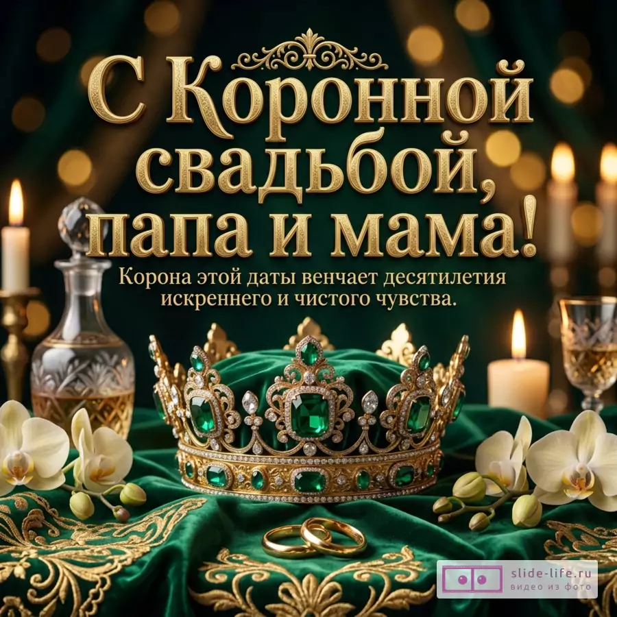 Золотая корона с изумрудами на зеленом бархате, обручальные кольца, свечи и надпись «С Коронной свадьбой, папа и мама! Корона этой даты венчает десятилетия искреннего и чистого чувства.»