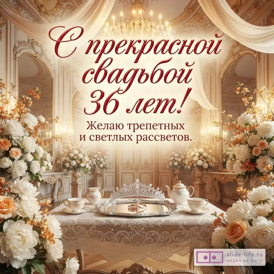 Открытка с бежевым фоном, золотой люстрой и белыми шторами. На переднем плане стол с белой скатертью, на котором стоят чайный сервиз, поднос с короной и обручальными кольцами. По бокам стола букеты белых и оранжевых цветов. Текст: «С прекрасной свадьбой 36 лет! Желаю трепетных и светлых рассветов.»