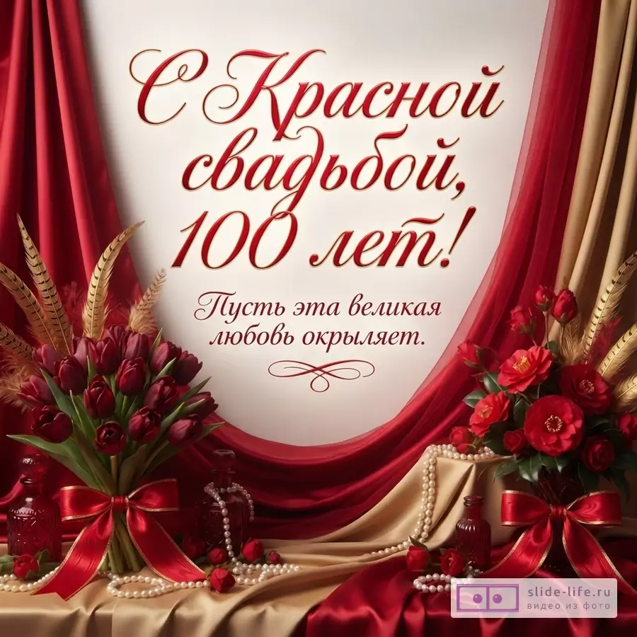 Открытка на светлом фоне с красными драпировками, букетами цветов, жемчугом и текстом «С Красной свадьбой, 100 лет! Пусть эта великая любовь окрыляет.»